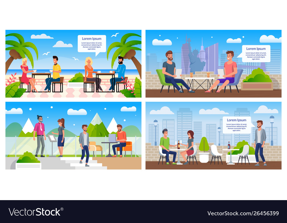 Resting in outdoor cafe flat posters set