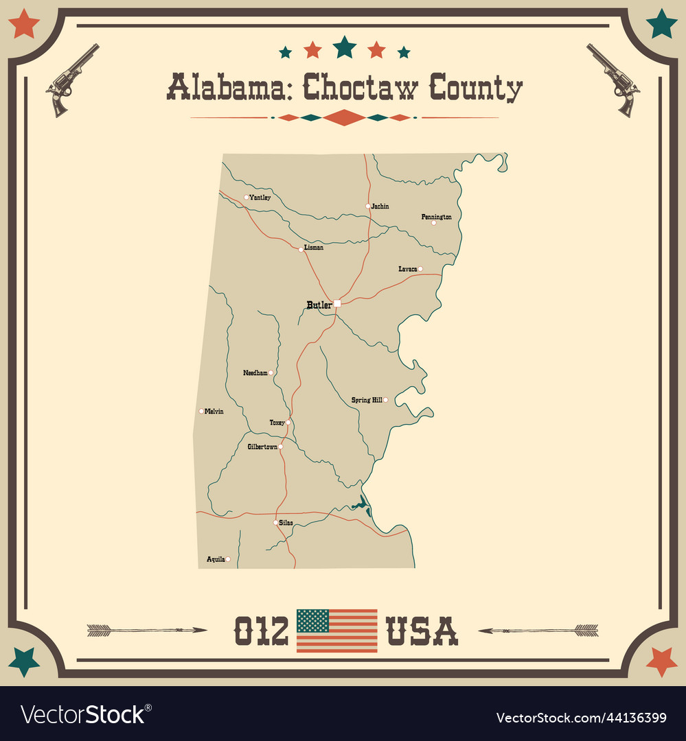 Vintage map of choctaw county in alabama usa