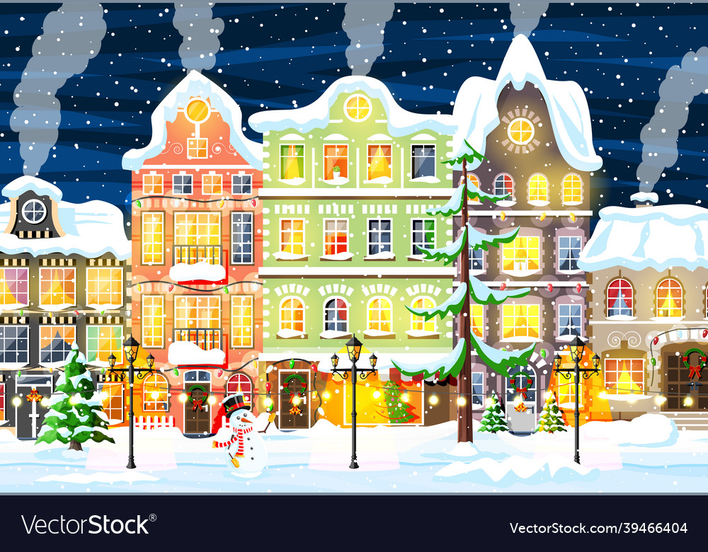 Christmas card with urban landscape and snowfall Vector Image