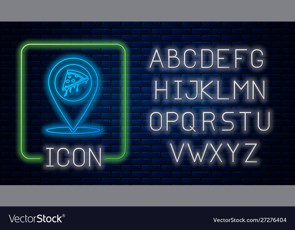 Glowing neon map pointer with fast food slice vector image Glowing neon map pointer with fast food slice