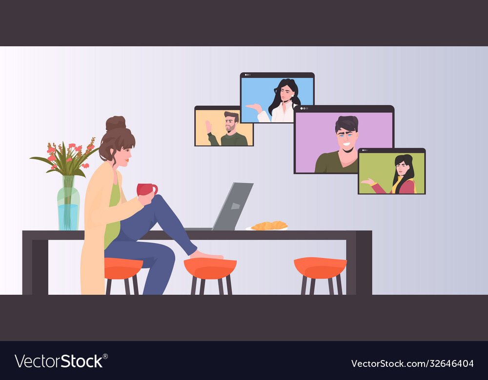 Girl friends chat online. Girl sitting in a chair in front of a laptop and  speaks with friend. Video conference, online chat concept. Working or online  meeting from home. Vector flat illustration.