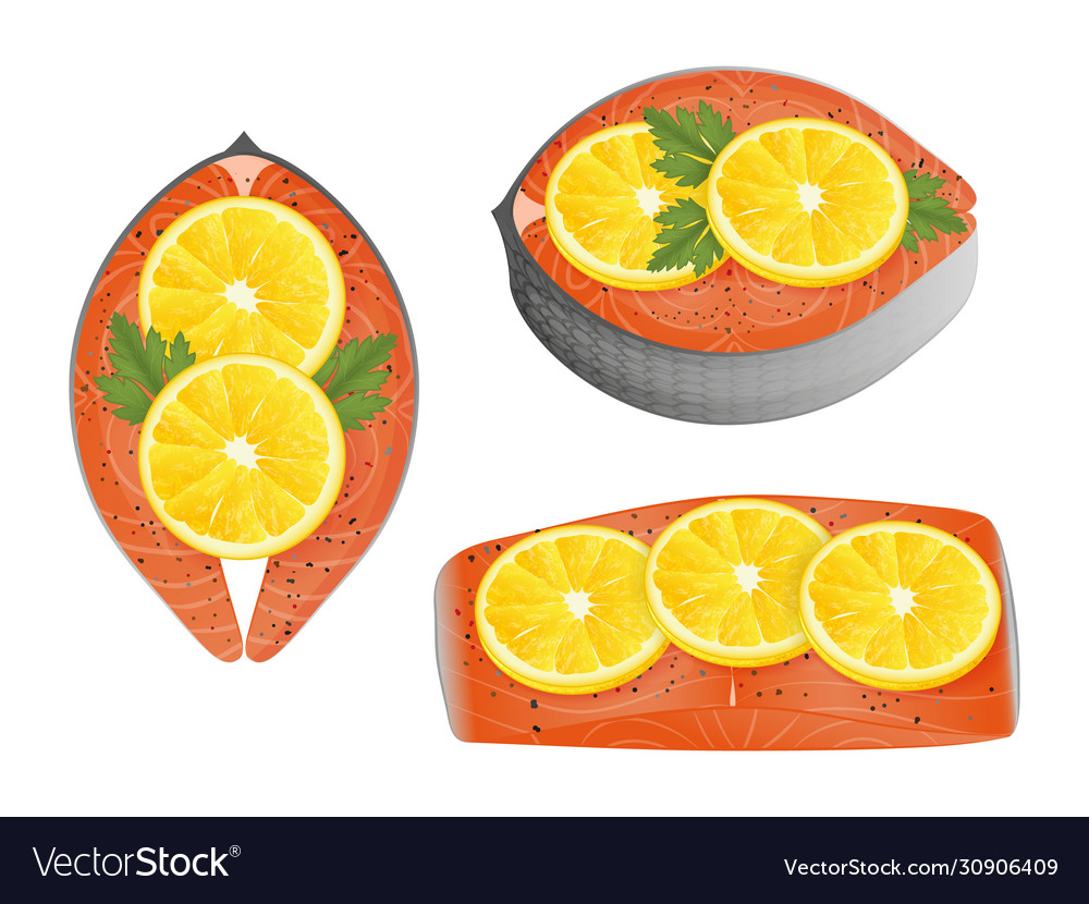 Set slices red fish with lemons object vector image Set slices red fish with lemons object