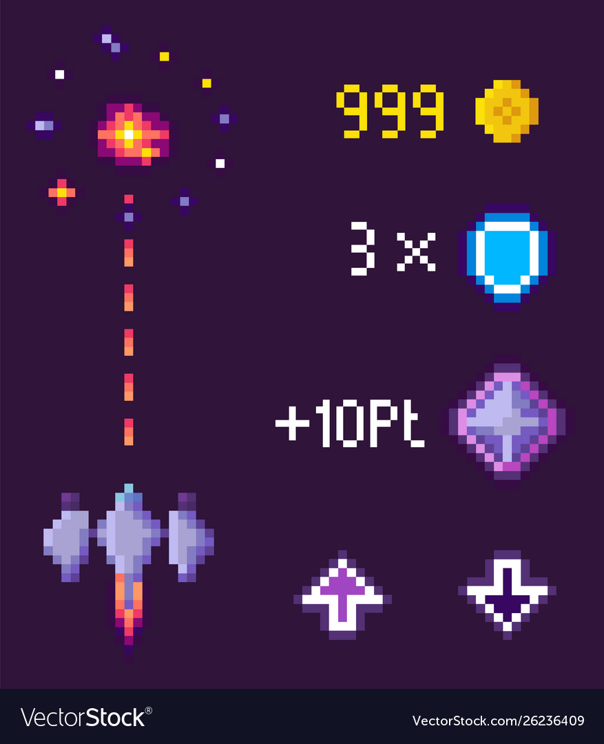 Space pixel game spaceship and points icons set vector image Space pixel game spaceship and points icons set