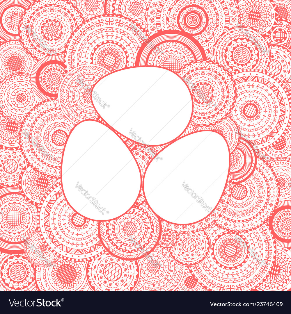 Three white easter eggs on pink mandalas