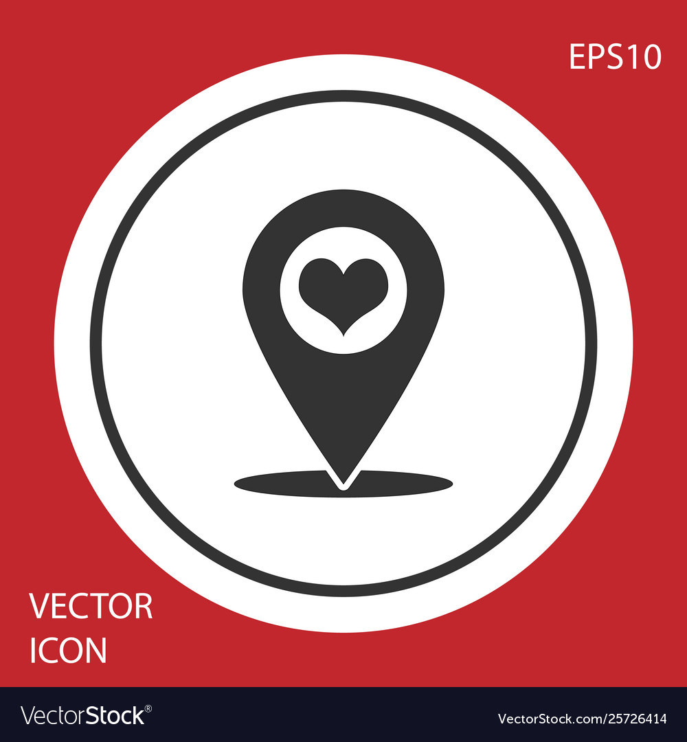 Grey map pointer with heart icon isolated on red vector image Grey map pointer with heart icon isolated on red