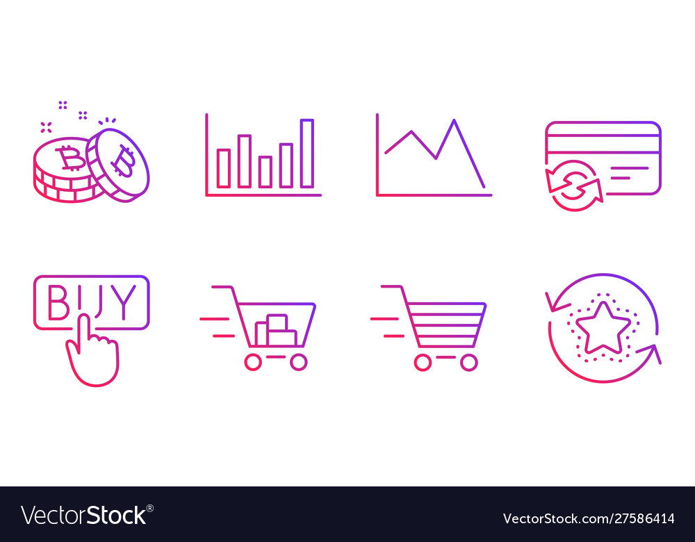 Shopping cart column chart and bitcoin icons set