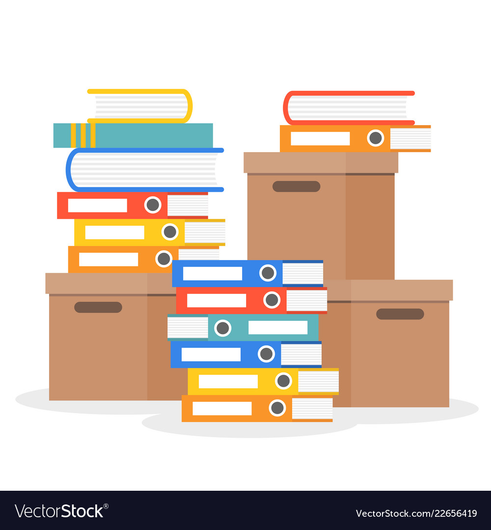 Stack of folder books and paper boxes flat design