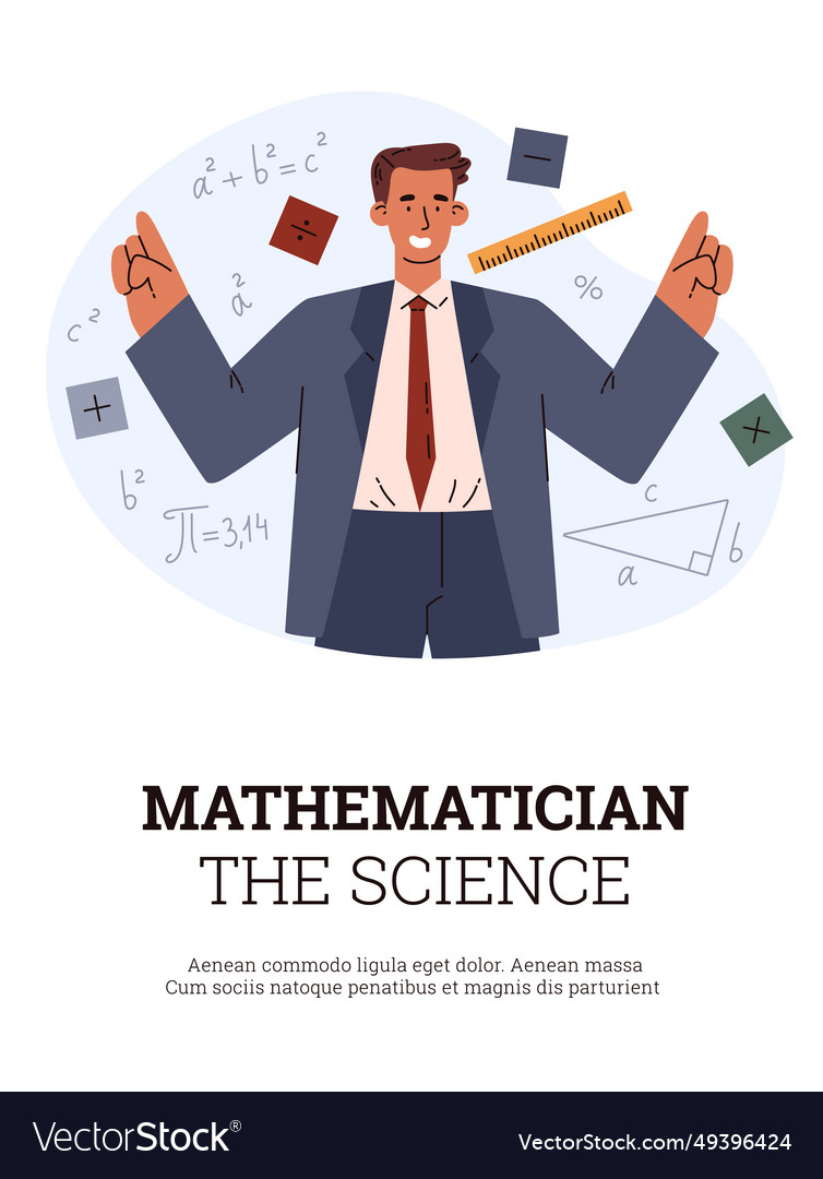 Mathematician pointing at signs and formulas vector image Mathematician pointing at signs and formulas