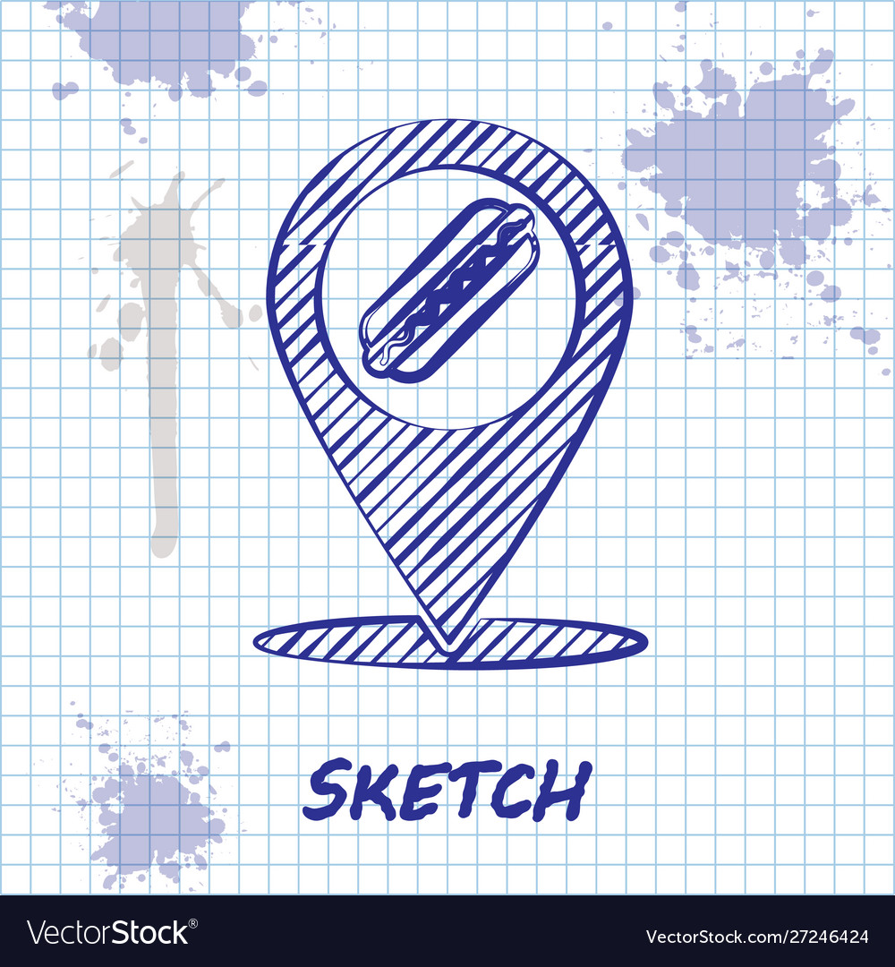Sketch line map pointer with fast food hotdog icon vector image Sketch line map pointer with fast food hotdog icon