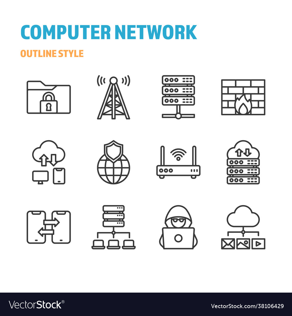 Computer network in outline icon and symbol set