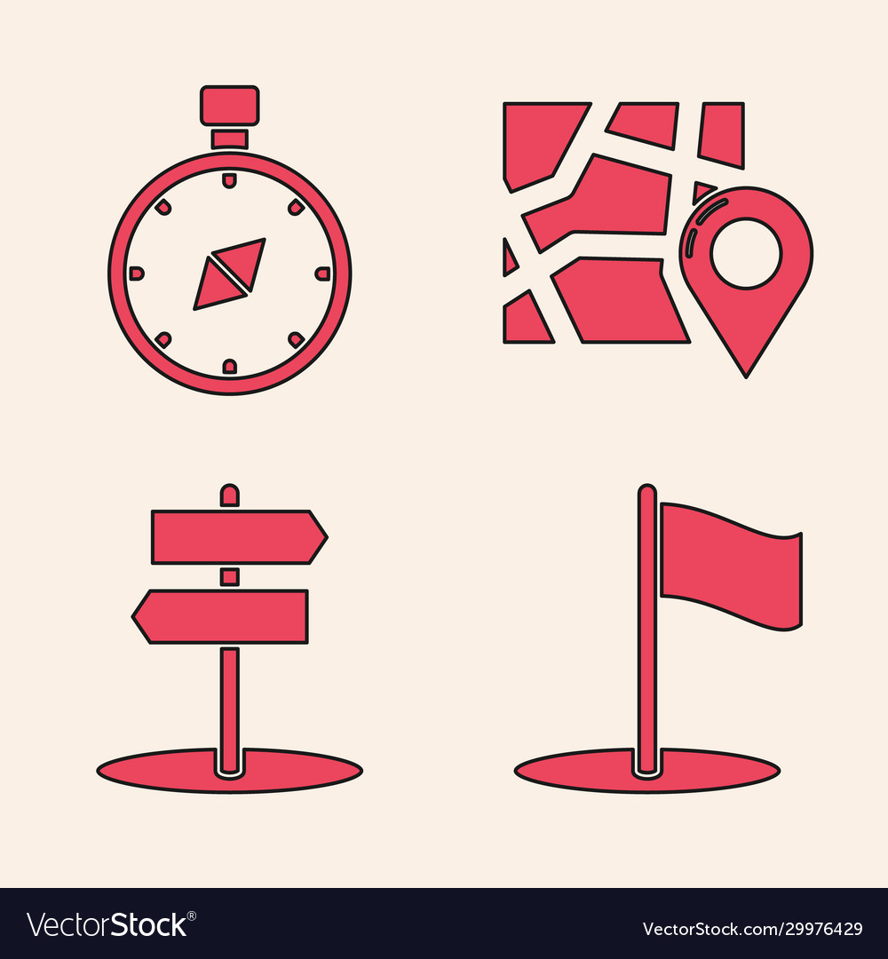Set flag compass folded map with location marker vector image Set flag compass folded map with location marker