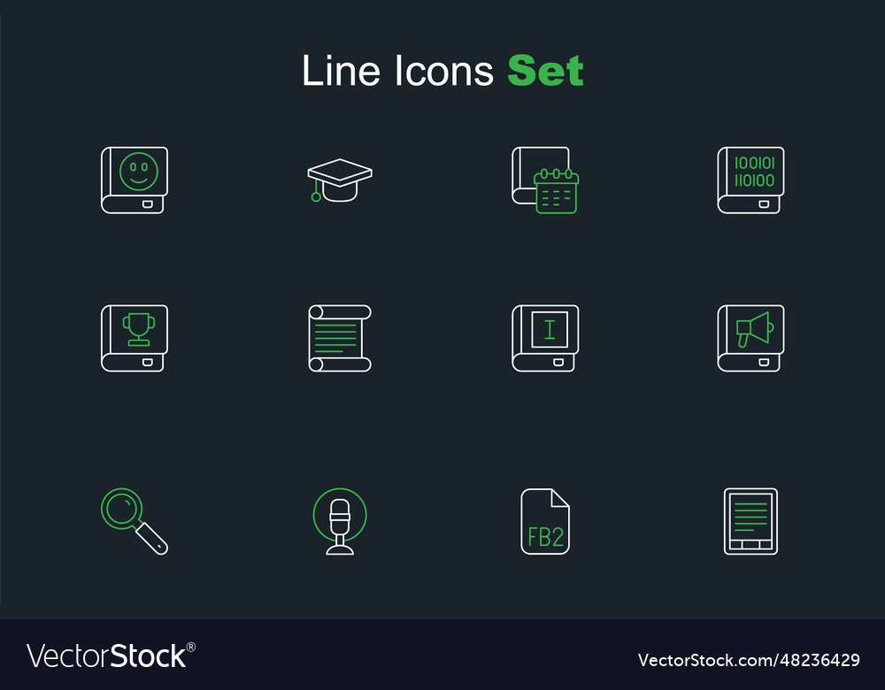 Set line e-book reader fb2 file microphone vector image Set line e-book reader fb2 file microphone