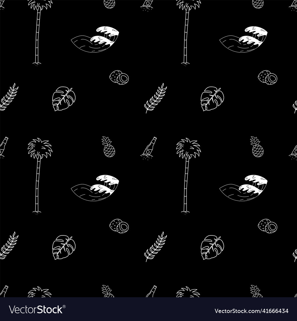 Hand drawn seamless pattern waves palm trees