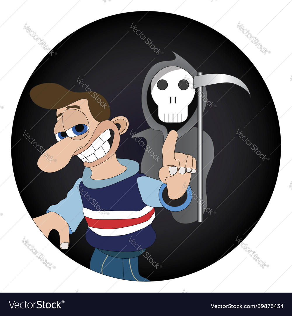 Man with a cheeky smile and big nose pointing