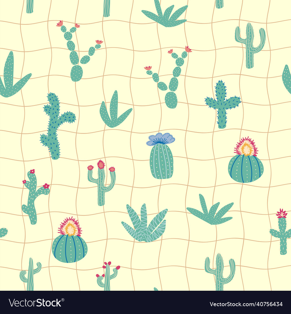 Seamless pattern with different cactus bright vector image Seamless pattern with different cactus bright