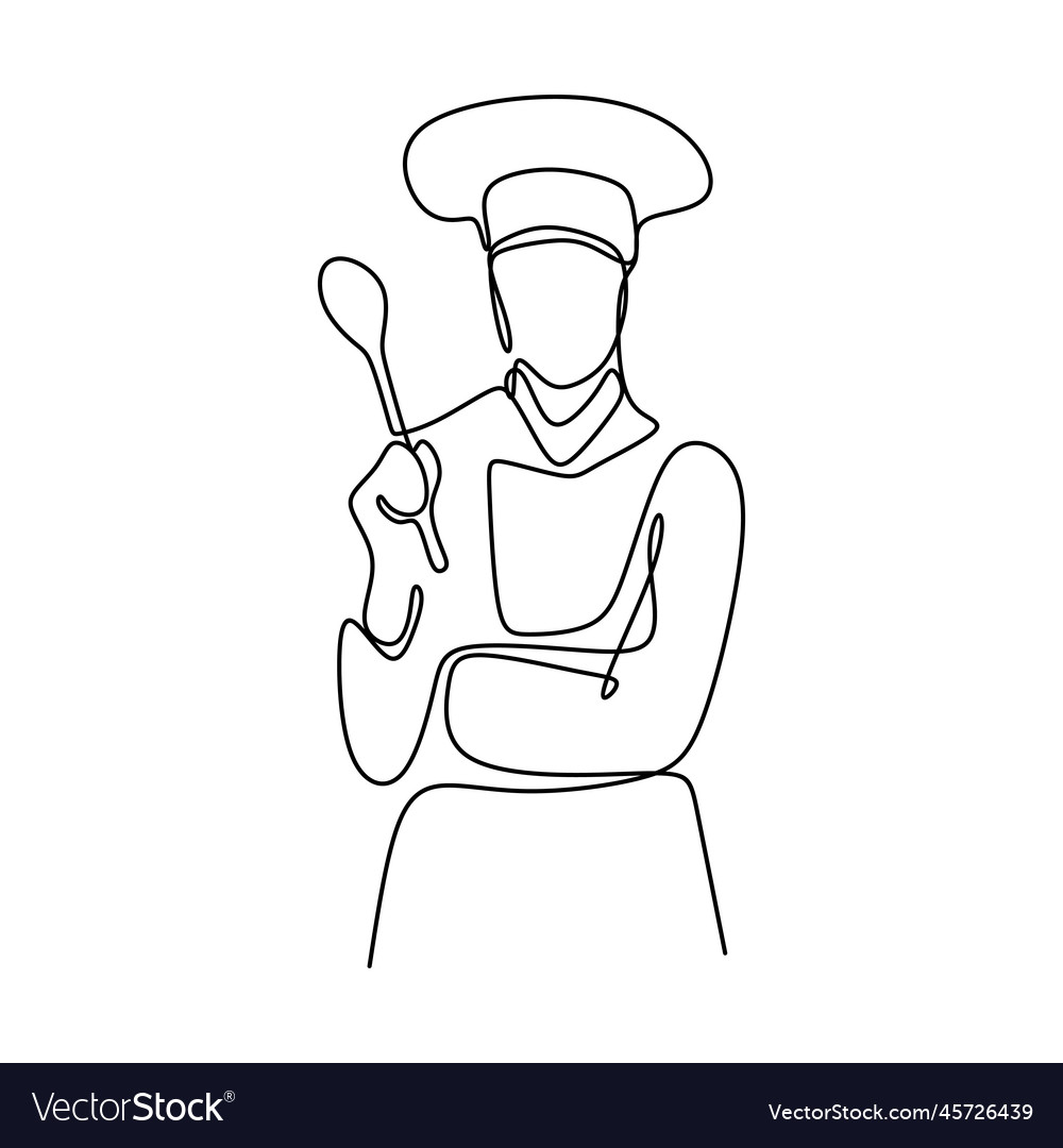 Continuous line drawing of confident chef standing