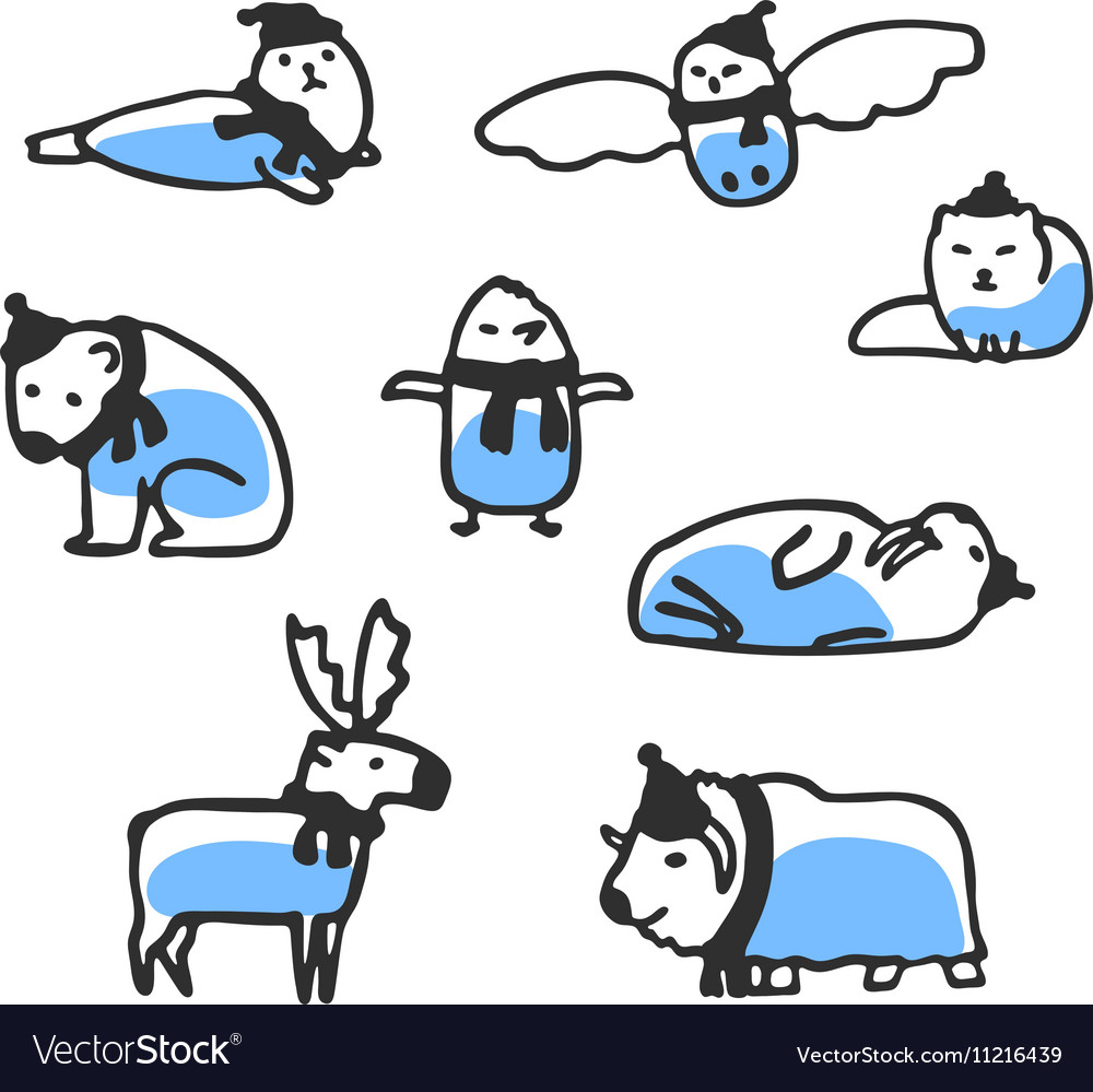 set of cute arctic animals doodles royalty free vector image
