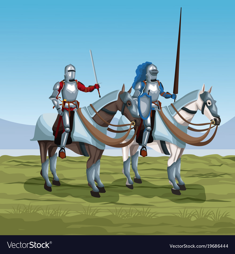 Medieval warriors with horses on battlefield Vector Image