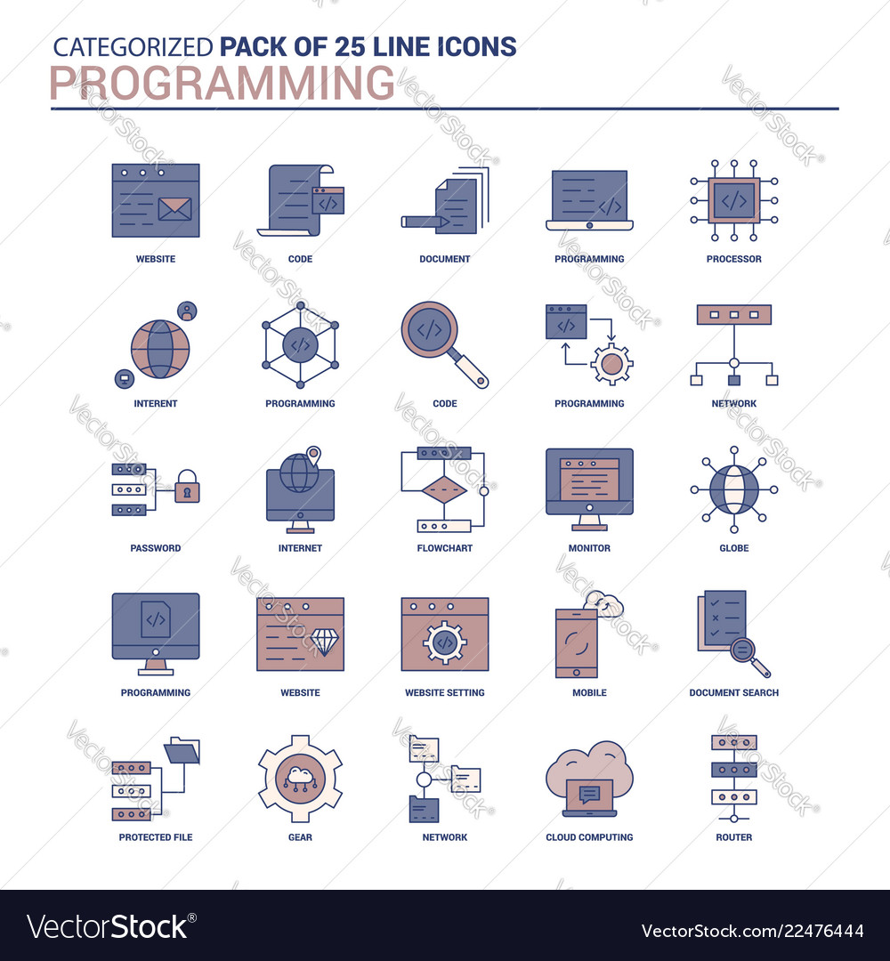 Vintage programming icon set - 25 flat line