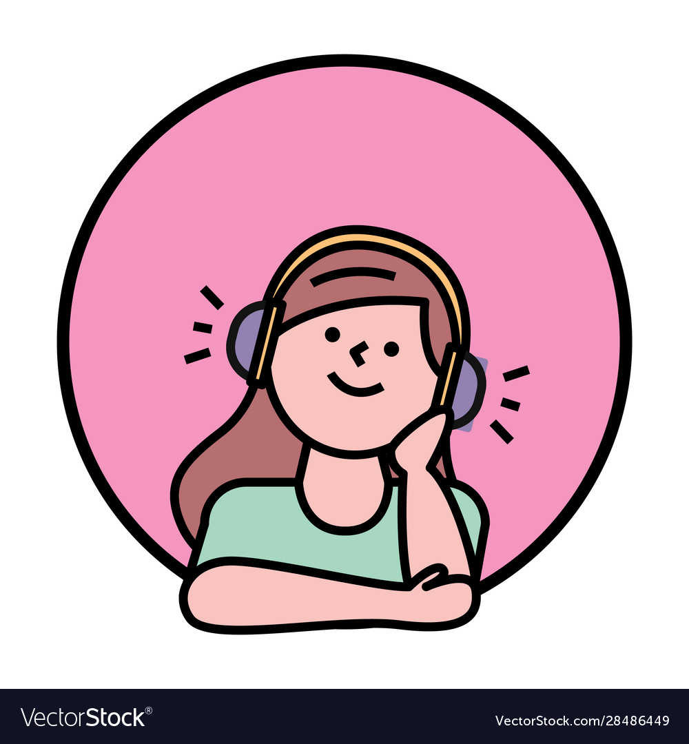 Girl listening in headset avatar round icon vector image Girl listening in headset avatar round icon