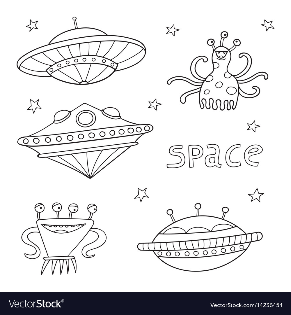 Card with space objects ufo rockets aliens
