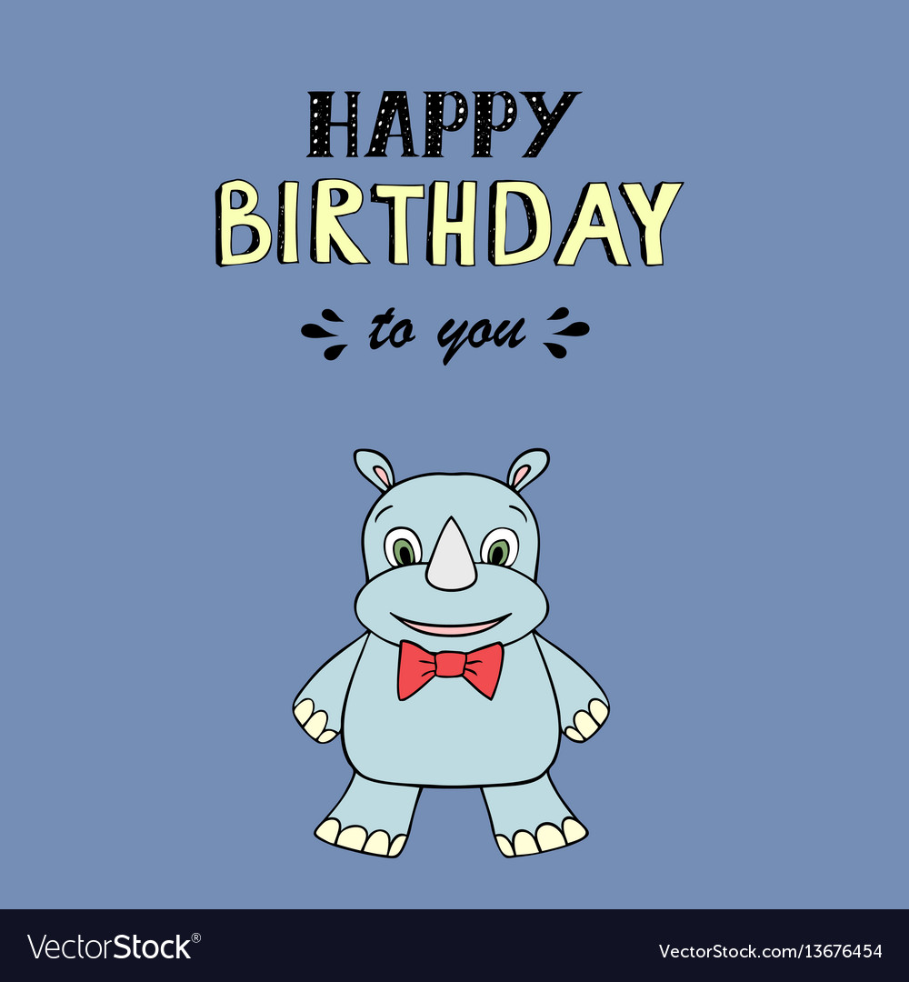 Happy birthday lettering party with baby rhino Vector Image