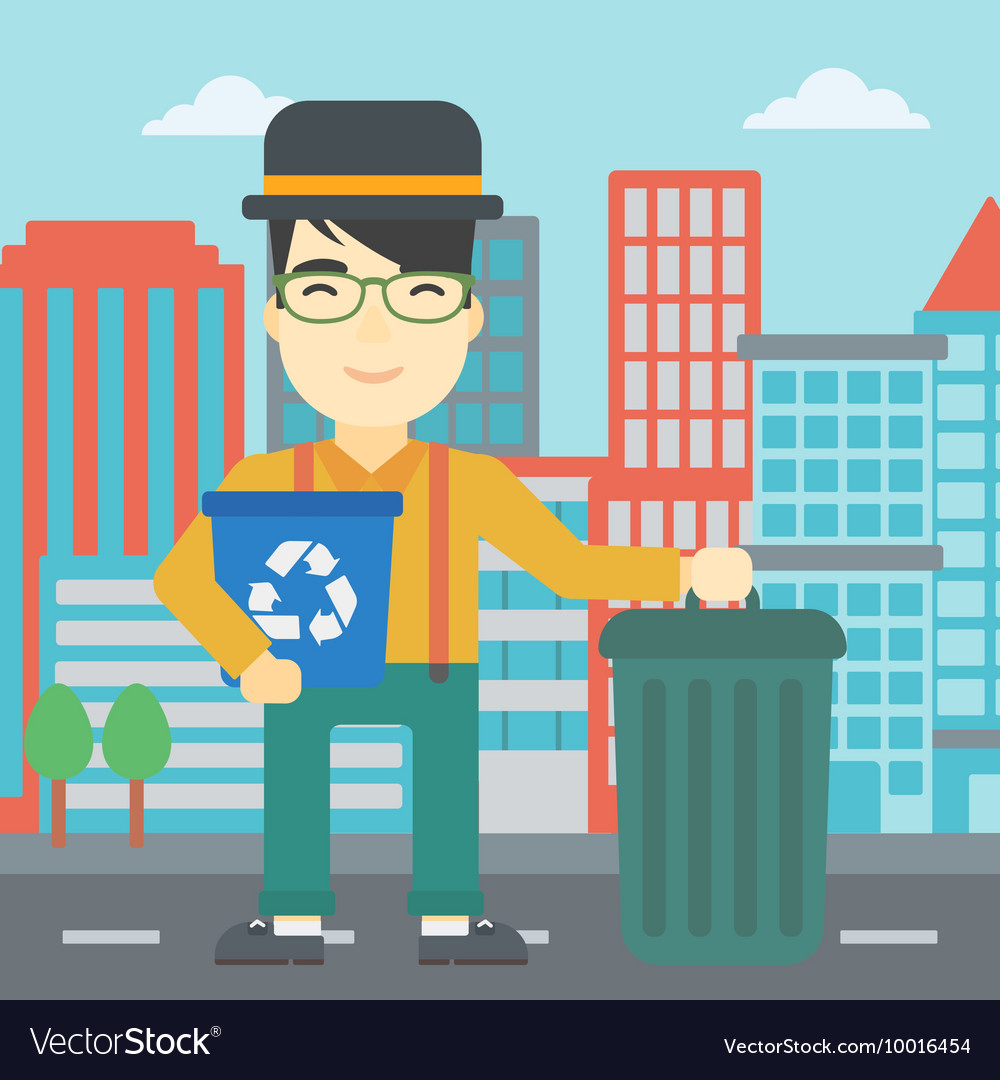 Man with recycle bin and trash can