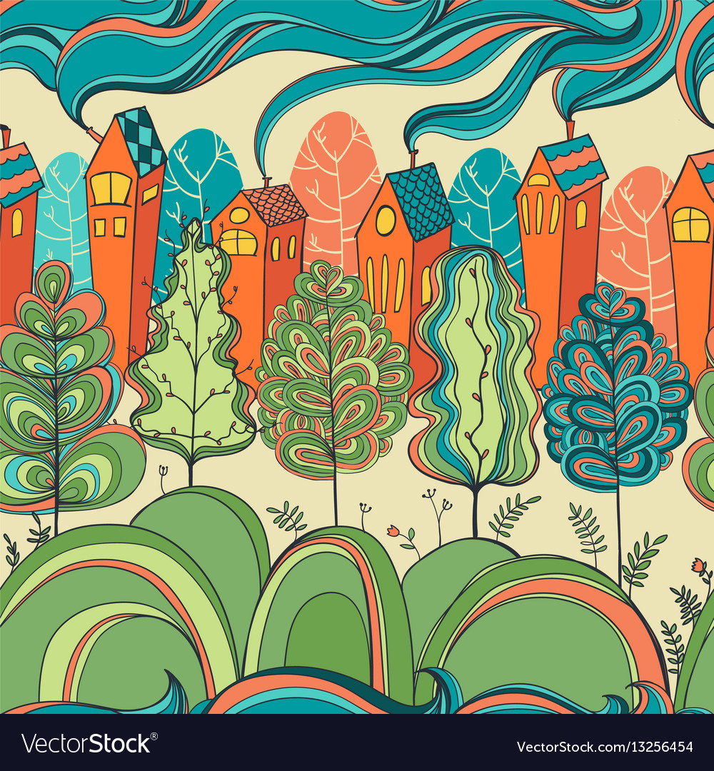 Seamless pattern with trees and houses