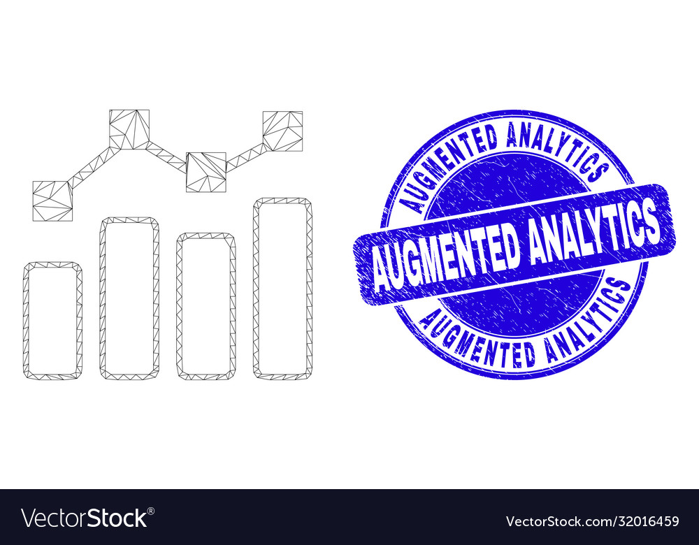 Blue grunge augmented analytics seal and web mesh vector image Blue grunge augmented analytics seal and web mesh