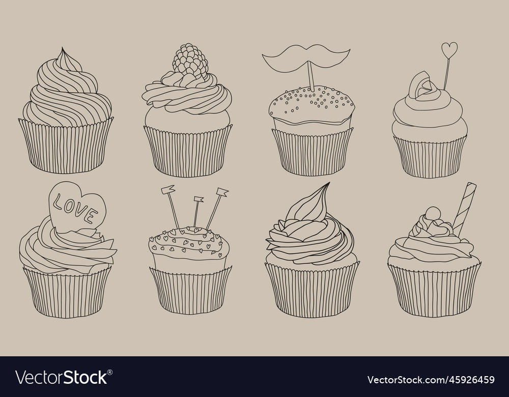 Set of hand-drawn cupcakes