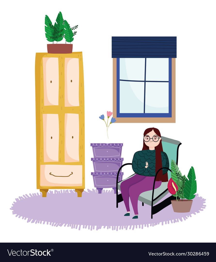 Smiling woman sitting in chair with potted plant