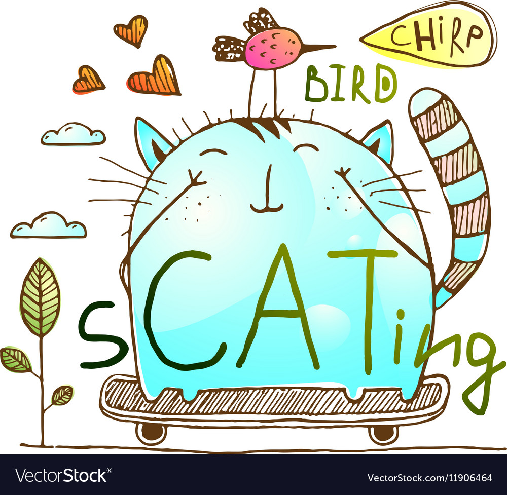 Cat And Bird Friends Skateboarding Watercolor Hand