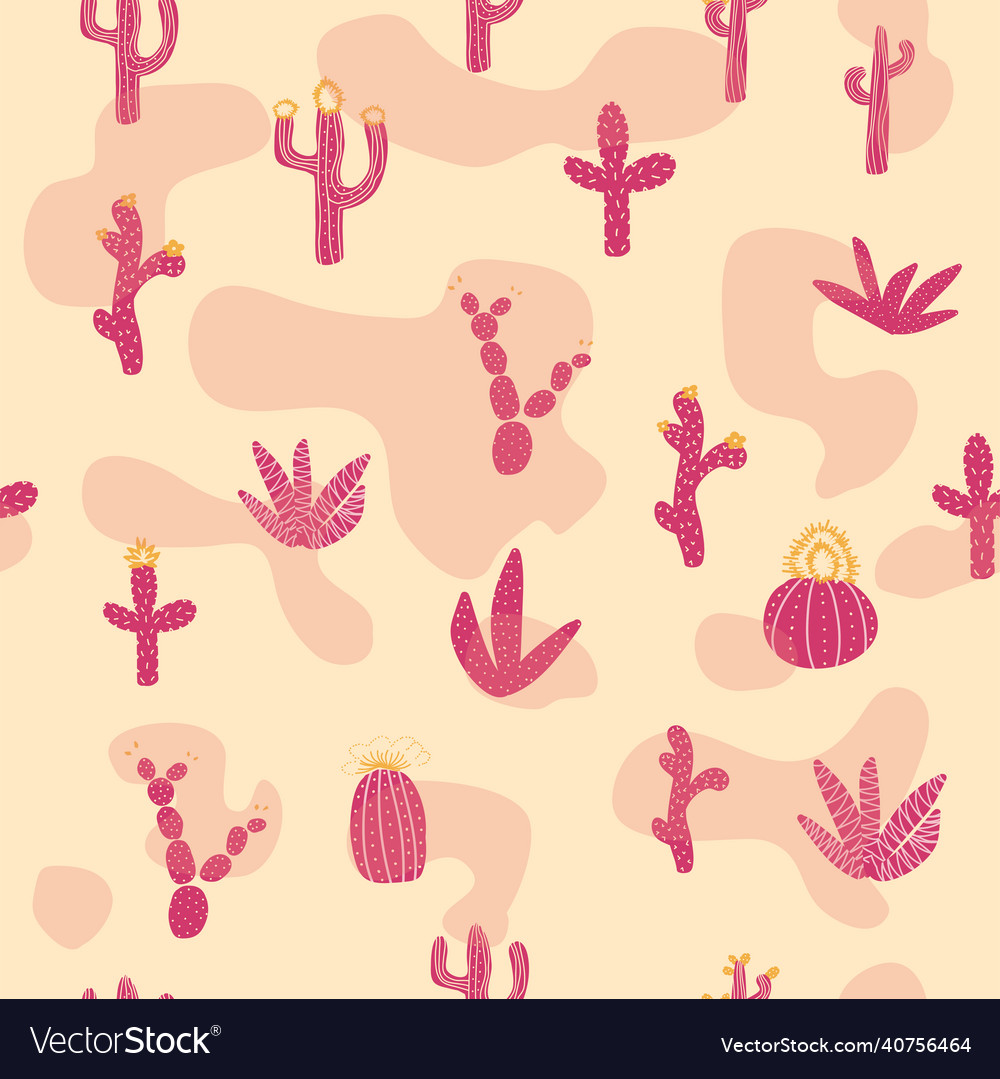 Seamless patterns with different cacti bright vector image Seamless patterns with different cacti bright
