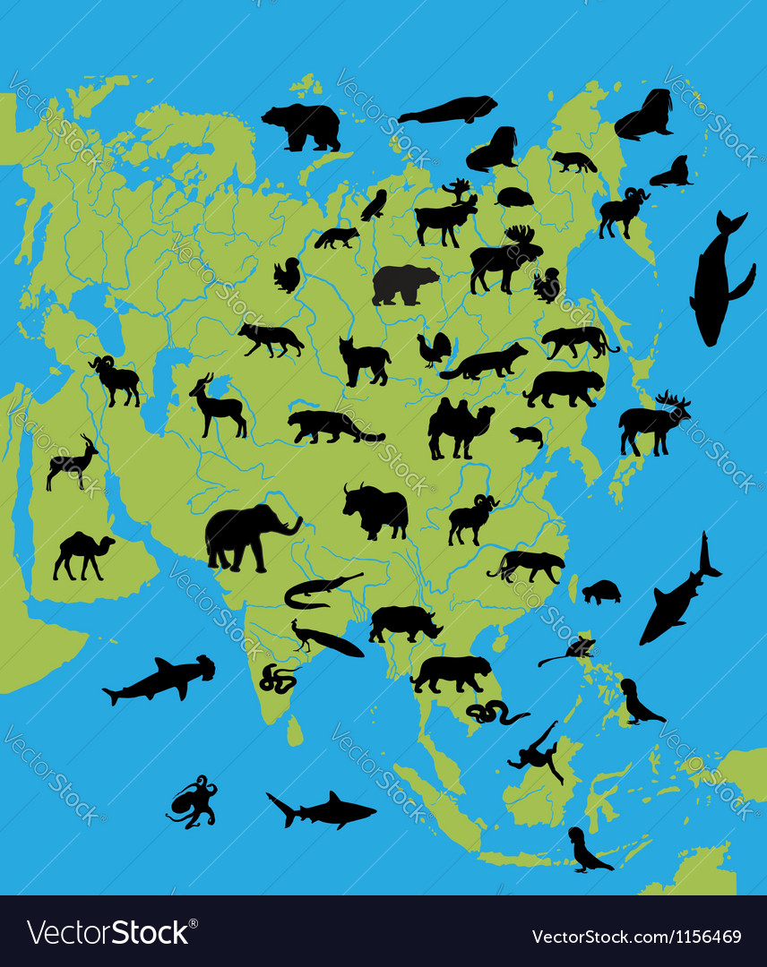 Animals on the map of asia