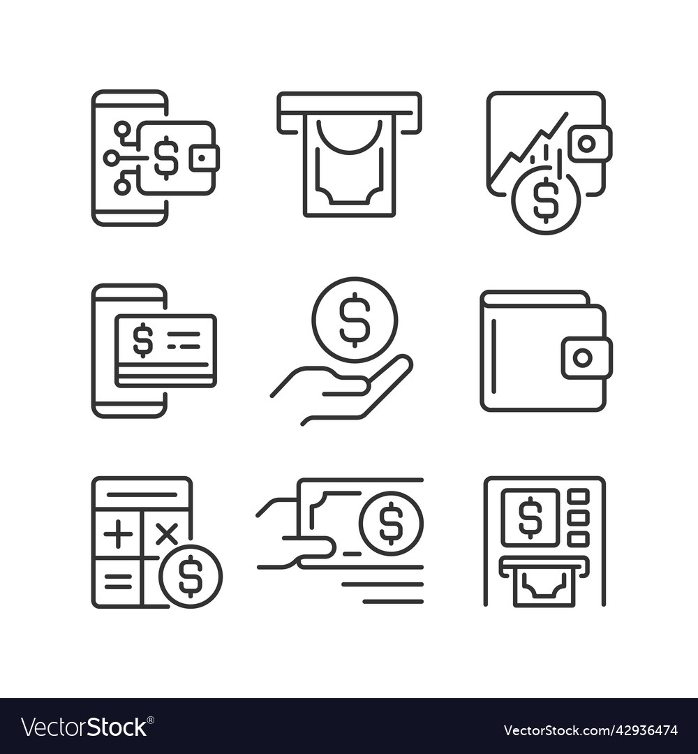 Financial management pixel perfect linear icons vector image Financial management pixel perfect linear icons