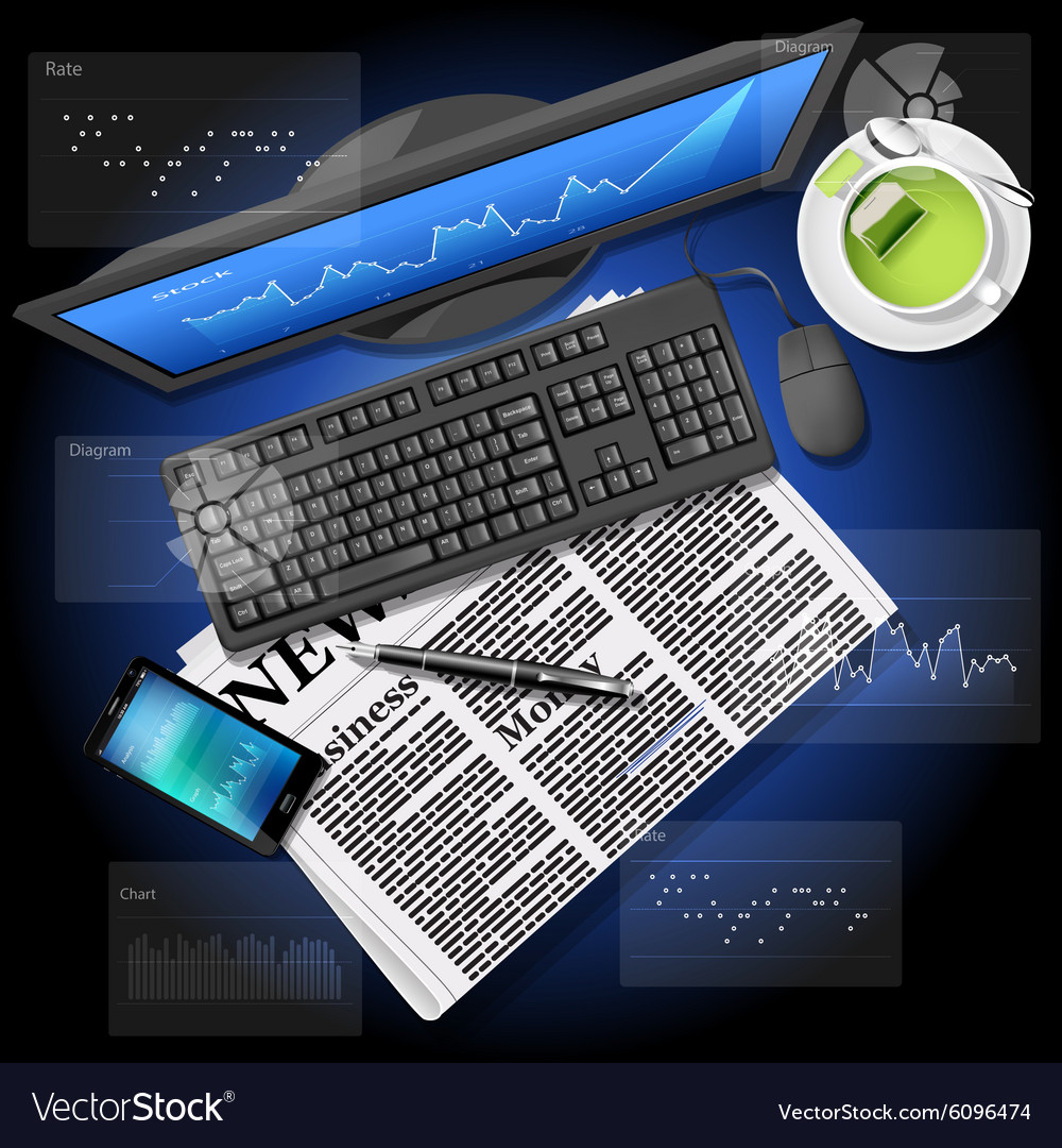 Market graph on computer and phone with newspaper