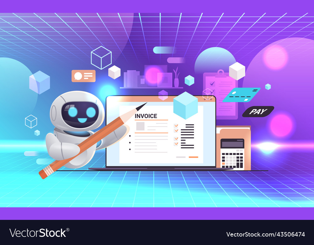 Robot calculating invoice on laptop screen Vector Image Robot calculating invoice on laptop screen