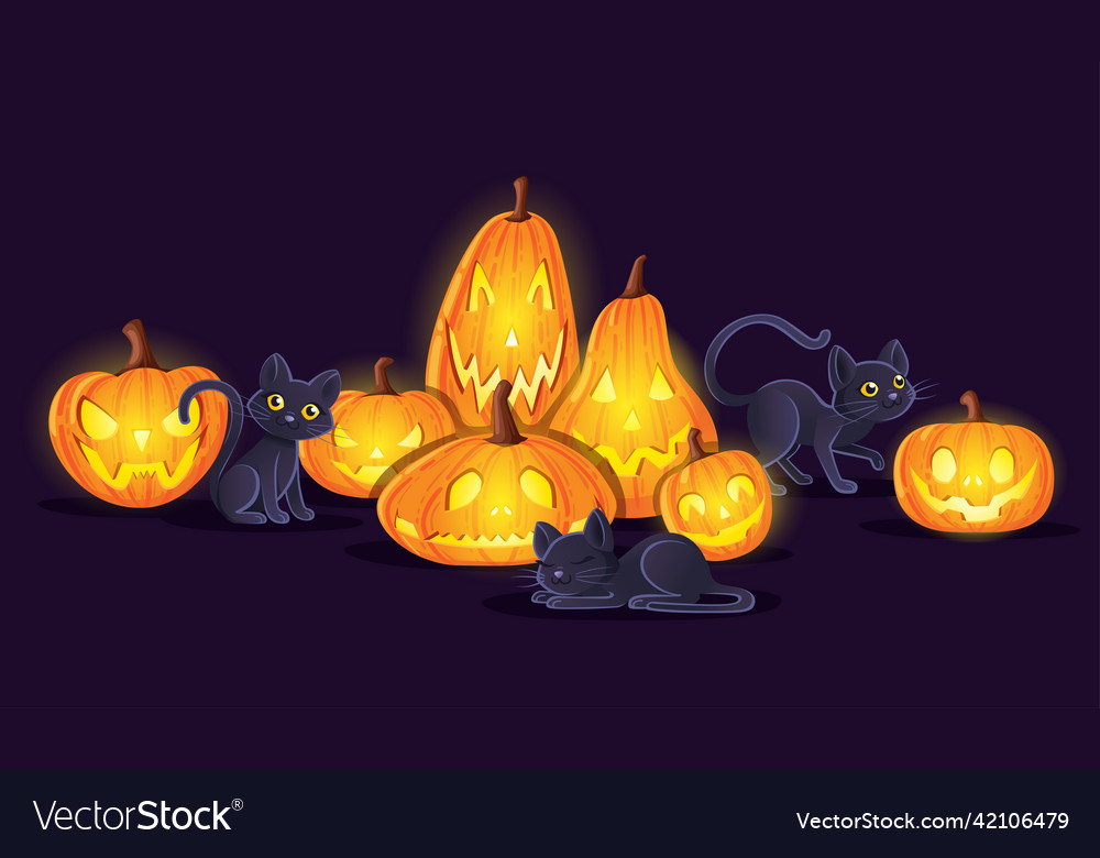 Halloween pumpkins with black cats cartoon animal