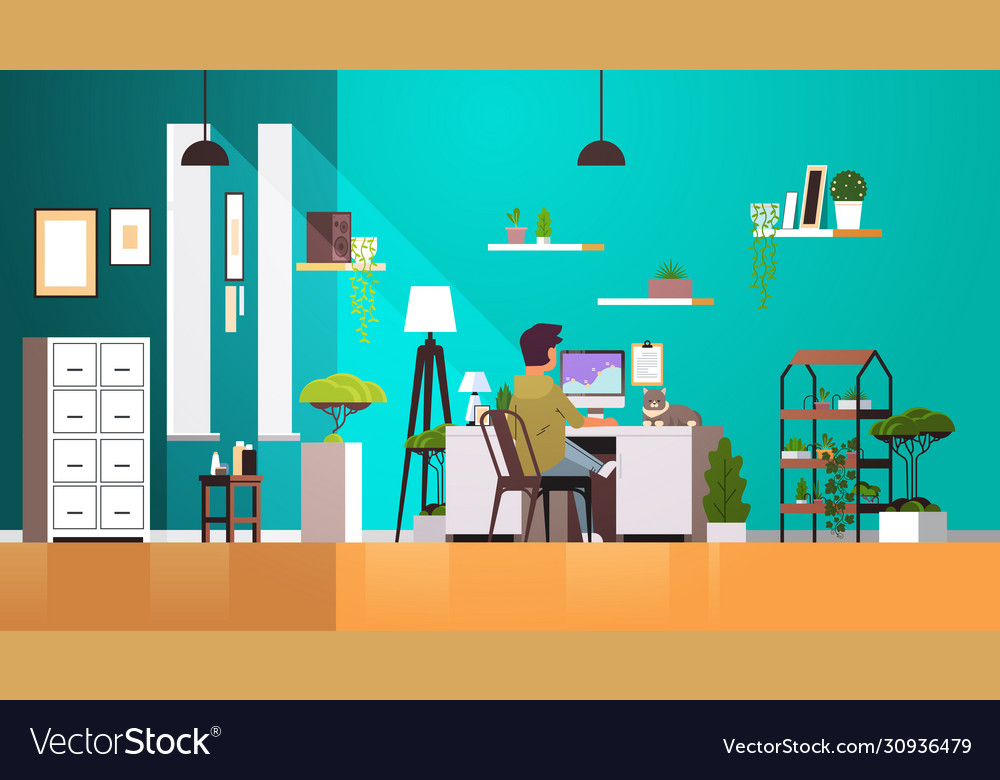 Man freelancer using computer monitor working vector image Man freelancer using computer monitor working