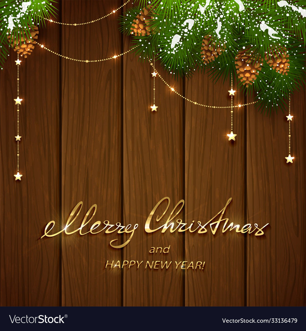 Merry christmas with golden decorations on brown Vector Image