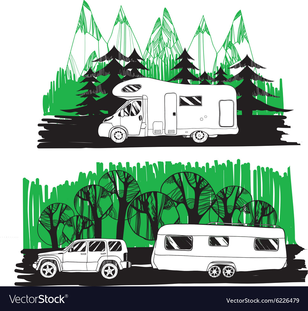 Motorhome and with a trailer on forest background