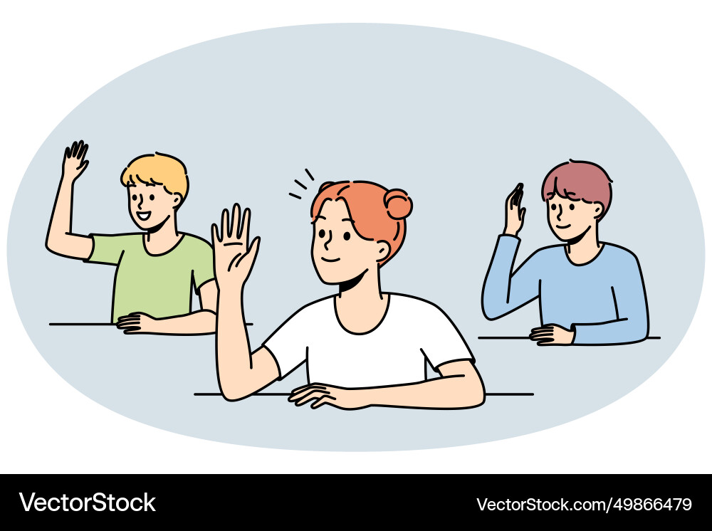 Smiling children raise hands in classroom Vector Image