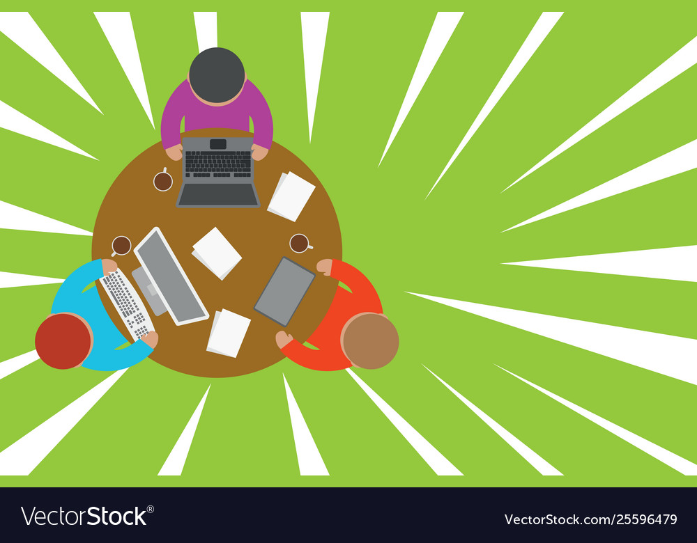 Upper view three busy office workers round table vector image Upper view three busy office workers round table