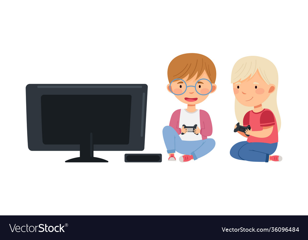 Cute boy and girl sitting with gamepad Royalty Free Vector