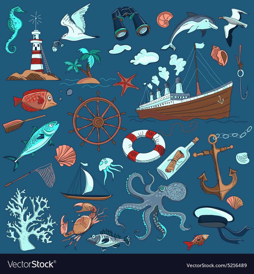 Colored hand-drawn elements of marine theme