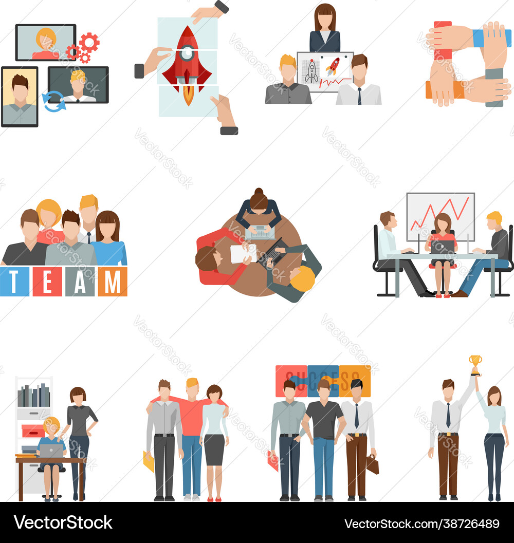 Teamwork flat icons set Royalty Free Vector Image