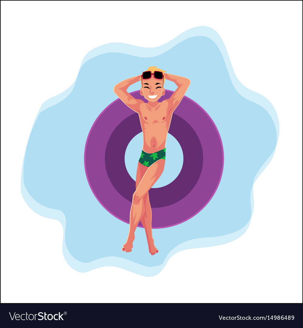 Young man in sunglasses floating on inflatable