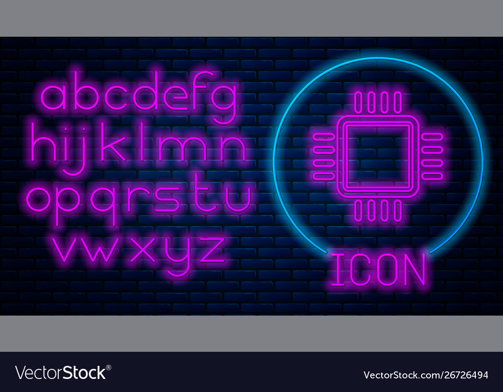 Glowing neon computer processor with microcircuits vector image Glowing neon computer processor with microcircuits