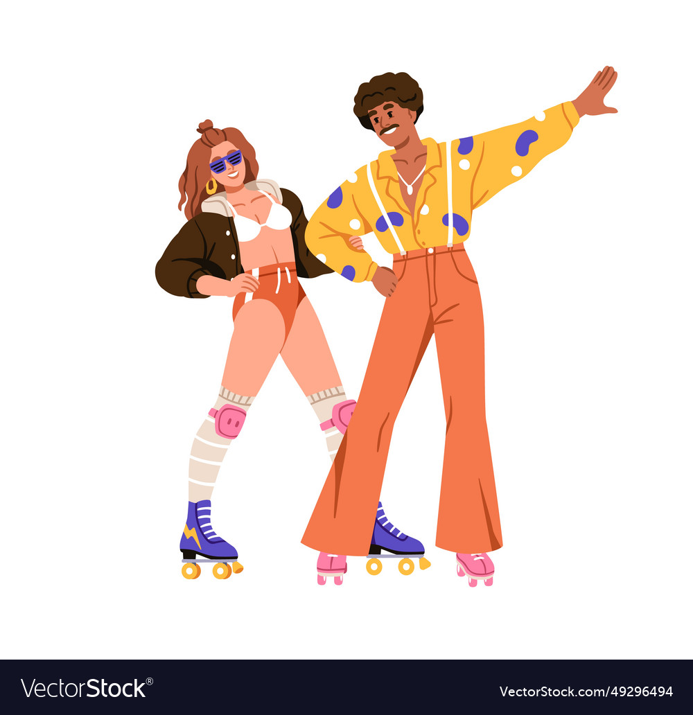 Retro skaters couple on roller skates happy man