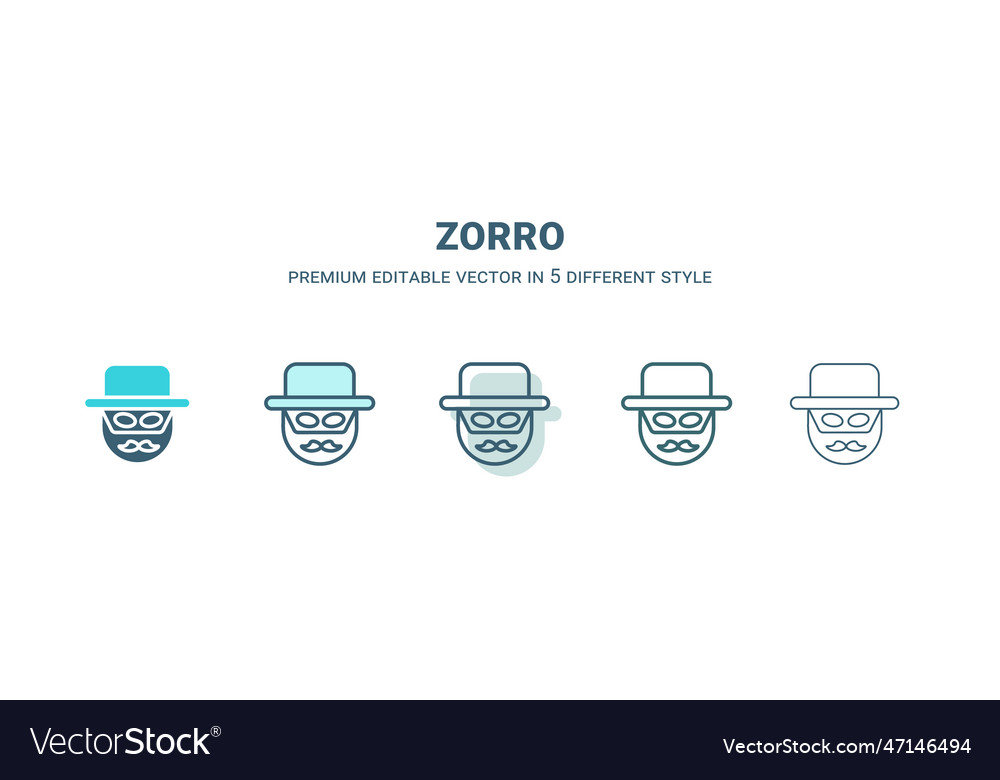 Zorro icon in 5 different style outline filled vector image Zorro icon in 5 different style outline filled